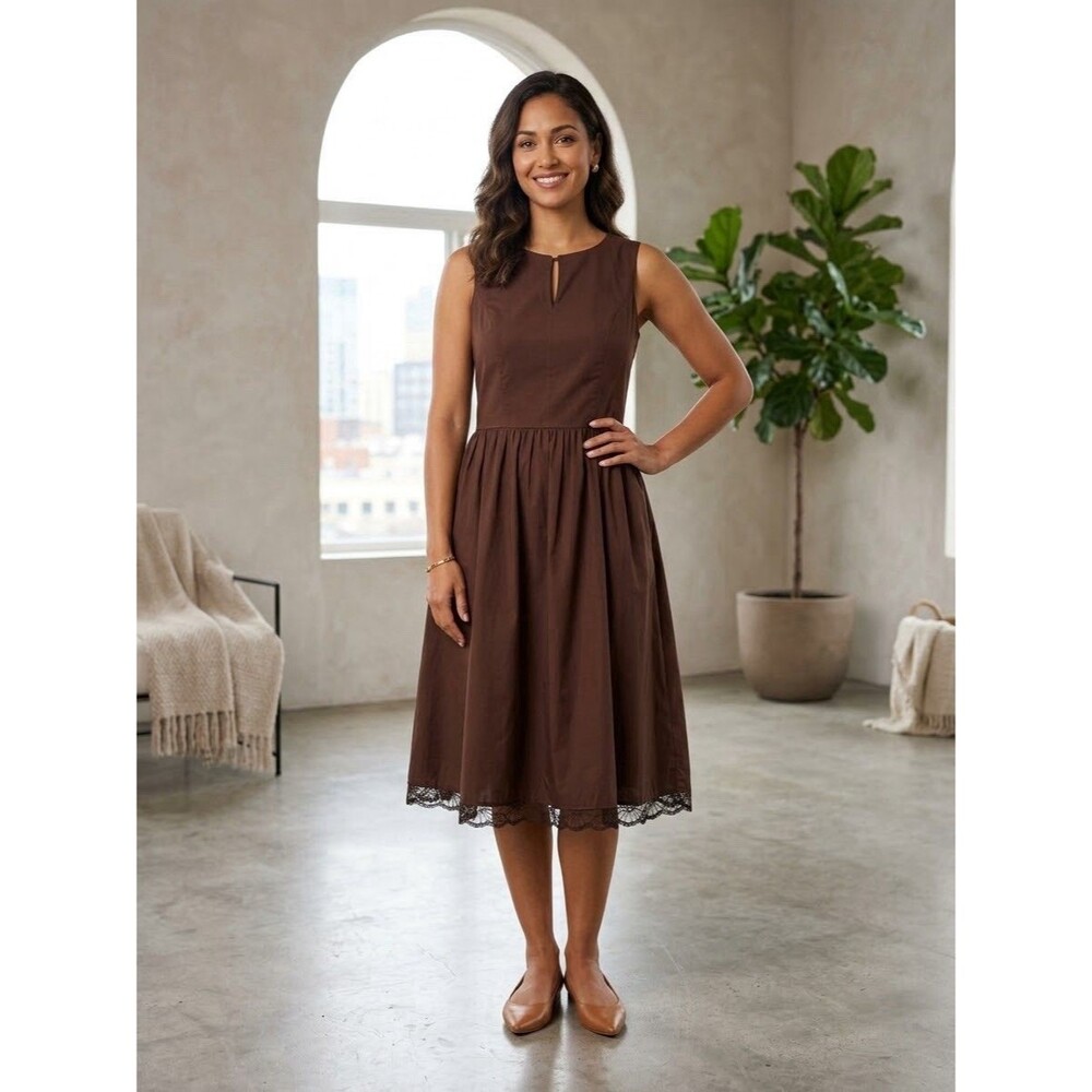 Wayf Midi A Line Dress Large Chocolate Brown Sleeveless Scalloped Eyelet Hem New